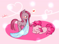 Size: 5512x4134 | Tagged: safe, artist:琥珀莓砸-amberry, pinkie pie, earth pony, pony, absurd resolution, alternate cutie mark, alternate eye color, blanket, cute, cuteamena, diapinkes, female, heart, mare, mouth hold, pinkamena diane pie, pinkiemena, self ponidox, sleeping, solo