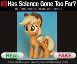 Size: 432x360 | Tagged: safe, artist:assasinmonkey, applejack, earth pony, pony, female, has science gone too far?, mare, meme, misleading thumbnail, not a plush, photorealistic, plushie, real or fake, solo