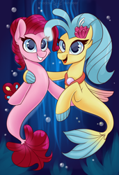 Size: 1772x2598 | Tagged: safe, artist:php97, pinkie pie, princess skystar, pony, seapony (g4), my little pony: the movie, best friends, duo, female, hug, mare, seaponified, seapony pinkie pie, smiling, species swap, underwater