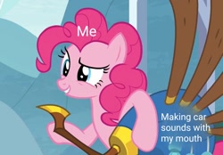 Size: 1556x1080 | Tagged: safe, edit, edited screencap, editor:apex soundwave, screencap, pinkie pie, earth pony, pony, yakity-sax, annoying, caption, car, female, grin, image macro, mare, meme, smiling, solo, text