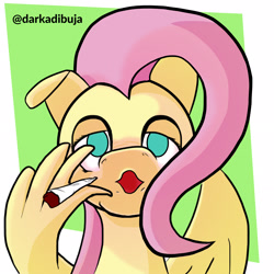 Size: 2230x2230 | Tagged: safe, artist:darka01, fluttershy, pegasus, pony, drugs, flutterhigh, flutterjoint, high, marijuana, pink hair, smoke, smoke weed erryday, solo, stoned, wing hands, wings