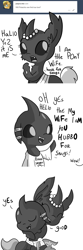 Size: 1584x4752 | Tagged: safe, artist:tjpones, oc, oc only, oc:changeling husband, oc:pistachio, changeling, horse wife, ask, broken english, changeling oc, clothes, comic, cute, cuteling, dialogue, grayscale, jewelry, monochrome, necklace, pearl necklace, pretending, shirt, simple background, snugglo, suspiciously specific denial, t-shirt, tape, tumblr, white background, white changeling