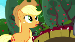 Size: 1280x720 | Tagged: safe, screencap, applejack, earth pony, pony, yakity-sax, apple, female, food, freckles, mare, open mouth, solo