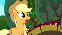 Size: 1280x720 | Tagged: safe, screencap, applejack, earth pony, pony, yakity-sax, apple, female, food, mare, open mouth, solo