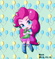 Size: 1750x1900 | Tagged: safe, artist:makarasrk, gummy, pinkie pie, human, equestria girls, boots, chibi, clothes, cute, cutie mark background, diapinkes, duo, female, looking at you, shoes, skirt