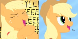 Size: 1280x640 | Tagged: safe, artist:nitei, applejack, earth pony, pony, 2 panel comic, applejack's hat, bait and switch, bust, cheering, comic, cowboy hat, eyes closed, female, hat, lidded eyes, mare, open mouth, portrait, rearing, simple background, smiling, solo, whispering, yeehaw, yelling