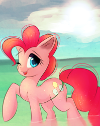 Size: 1804x2267 | Tagged: safe, artist:autumnvoyage, pinkie pie, earth pony, pony, beach, cloud, female, looking at you, mare, one eye closed, open mouth, raised hoof, sky, solo, water, wink