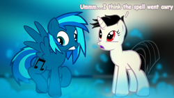 Size: 3840x2160 | Tagged: safe, artist:agkandphotomaker2000, dj pon-3, vinyl scratch, oc, oc:pony video maker, pegasus, pony, unicorn, blank flank, canon x oc, cutie mark swap, gone wrong, magic dust, mane swap, spell, videoscratch