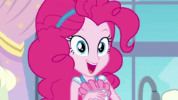 Size: 800x450 | Tagged: safe, screencap, pinkie pie, better together, equestria girls, the craft of cookies, animated, apron, clothes, cute, diapinkes, floating heart, gif, grin, happy, heart, heart hands, kitchen, looking at you, smiling, solo, squee, sweet dreams fuel