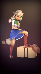 Size: 5400x9600 | Tagged: safe, artist:imafutureguitarhero, part of a set, applejack, anthro, plantigrade anthro, 3d, ;p, abstract background, absurd file size, absurd resolution, boots, bust, chromatic aberration, clothes, cowboy boots, cowboy hat, cowgirl, denim skirt, dress, equestria girls outfit, female, film grain, floppy ears, freckles, hat, hay bale, mare, nose wrinkle, one eye closed, portrait, rolled up sleeves, shirt, shoes, signature, skirt, solo, source filmmaker, stetson, thumbs up, tongue out, vertical, windswept mane, windswept tail, wink