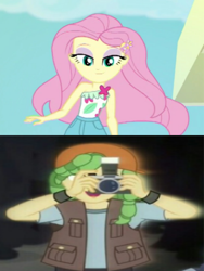 Size: 1080x1438 | Tagged: safe, edit, edited screencap, screencap, fluttershy, sandalwood, better together, equestria girls, i'm on a yacht, mirror magic, spoiler:eqg specials, camera, cropped, female, male, sandalshy, sexy, shipping, shipping domino, straight, summer, wavy hair