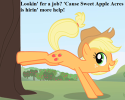 Size: 740x592 | Tagged: safe, edit, edited screencap, screencap, applejack, earth pony, pony, apple tree, applebucking, applejack's hat, bronybait, cowboy hat, cropped, cute, hat, jackabetes, job offer, opening theme, smiling, text, tree