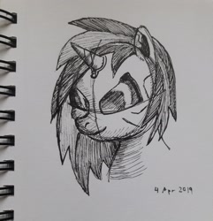 Size: 2448x2543 | Tagged: safe, artist:rockhoppr3, dj pon-3, vinyl scratch, pony, bust, cyberpunk 2077, deus ex, monochrome, portrait, solo, sunglasses, traditional art