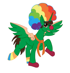 Size: 1024x1065 | Tagged: safe, artist:rosequartz1, oc, oc only, oc:frost d. tart, alicorn, pony, alicorn oc, clothes, clown, clown nose, clown shoes, male, rainbow wig, simple background, socks, solo, stallion, white background