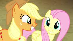 Size: 1280x720 | Tagged: safe, screencap, applejack, fluttershy, earth pony, pegasus, pony, yakity-sax, female, mare