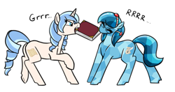 Size: 769x407 | Tagged: safe, artist:whatsapokemon, oc, oc only, oc:historia, oc:opuscule antiquity, crystal pony, pony, unicorn, behaving like a dog, book, cute, female, growling, mare, simple background, tug of war, white background