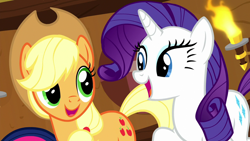 Size: 1280x720 | Tagged: safe, screencap, applejack, rarity, earth pony, pony, unicorn, yakity-sax, female, horn, mare