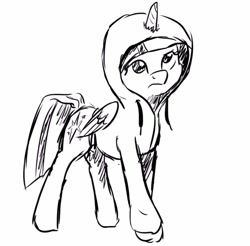 Size: 908x895 | Tagged: source needed, safe, artist:shyanonymous, twilight sparkle, twilight sparkle (alicorn), alicorn, pony, black and white, clothes, grayscale, hoodie, monochrome, simple background, sketch, solo, white background