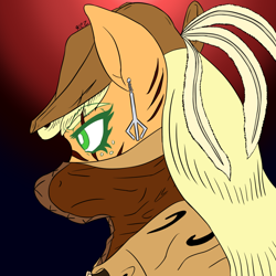 Size: 1024x1024 | Tagged: safe, artist:korencz11, applejack, earth pony, pony, atg 2018, bloodborne, clothes, crossover, ear piercing, earring, feather, freckles, hat, jewelry, newbie artist training grounds, piercing, scar, solo