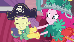 Size: 1920x1080 | Tagged: safe, screencap, lily pad (equestria girls), pinkie pie, crab, better together, equestria girls, pinkie sitting, animal costume, clothes, costume, cute, hat, pirate hat, tickling, young