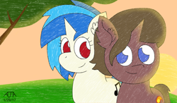 Size: 1280x750 | Tagged: safe, artist:thebadbadger, dj pon-3, vinyl scratch, oc, oc:fire, pony, unicorn