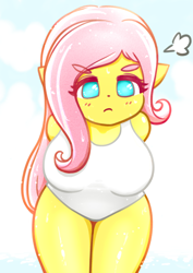 Size: 2508x3541 | Tagged: safe, artist:sigpi, fluttershy, anthro, adorasexy, angry, big breasts, breasts, clothes, cute, eyebrows visible through hair, female, hootershy, looking at you, madorable, no pupils, one-piece swimsuit, sexy, shyabetes, solo, swimsuit