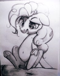 Size: 2838x3608 | Tagged: safe, artist:ponsce, pinkie pie, earth pony, pony, belly button, female, floppy ears, frog (hoof), hoofbutt, mare, solo, traditional art, underhoof