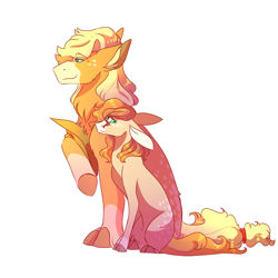 Size: 3000x3000 | Tagged: safe, artist:uunicornicc, applejack, oc, oc:butterscotch, earth pony, pony, alternate hairstyle, applejack's hat, blank flank, cowboy hat, dappled, duo, female, filly, floppy ears, hat, magical lesbian spawn, mare, offspring, parent:applejack, parent:rarity, parents:rarijack, raised hoof, simple background, sitting, white background, worried