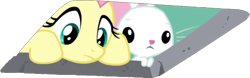 Size: 969x304 | Tagged: safe, edit, edited screencap, screencap, angel bunny, fluttershy, pegasus, pony, rabbit, between dark and dawn, background removed, ceiling cat, ceiling pony, cute, female, mare, simple background, stare, transparent background