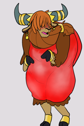 Size: 800x1200 | Tagged: safe, artist:klondike, prince rutherford, pony, yak, bipedal, blushing, clothes, cloven hooves, crossdressing, dress, embarrassed, frown, open mouth, red dress, simple background, solo, white background