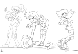 Size: 3200x2222 | Tagged: safe, artist:mauroz, apple bloom, scootaloo, spike, sweetie belle, human, clothes, converse, cutie mark crusaders, humanized, monochrome, piggyback ride, roller skates, scooter, shoes, simple background, smiling, white background, wip