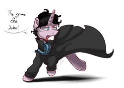 Size: 1400x1000 | Tagged: safe, artist:redheadfly, pony, unicorn, clothes, crossover, dialogue, male, ponified, sherlock, sherlock holmes, simple background, solo, stallion, white background