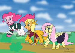 Size: 1200x848 | Tagged: safe, artist:animatorwil, applejack, fluttershy, pinkie pie, earth pony, pony, clothes, cosplay, costume, crossover, league of legends, leona, my hero academia, newbie artist training grounds, ochako uraraka, princess mononoke, uravity's hero costume