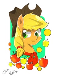 Size: 900x1200 | Tagged: safe, artist:master_0130, applejack, earth pony, pony, apple, bandana, cowboy hat, female, food, hat, mare, solo