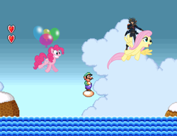 Size: 1042x800 | Tagged: safe, artist:luigifan10, fluttershy, pinkie pie, pegasus, pony, luigi, luigi floating on an egg over the sea, meme, super mario bros., super mario bros. 2, vinesauce, yu-gi-oh!, yu-gi-oh! 5d's, yusei fudo