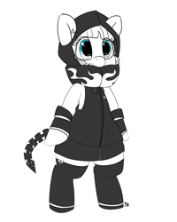 Size: 7742x9655 | Tagged: safe, artist:pabbley, lily longsocks, pony, absurd resolution, bipedal, black rock shooter, clothes, cute, hood, partial color, simple background, socks, solo, strength, white background