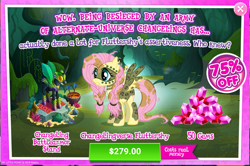 Size: 1569x1042 | Tagged: safe, fluttershy, pegasus, pony, advertisement, alternate timeline, chrysalis resistance timeline, costs real money, crack is cheaper, discount, gameloft, gem, greedloft, official, peso, sale, tribalshy