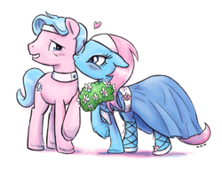 Size: 1000x768 | Tagged: safe, artist:king-kakapo, aloe, lotus blossom, earth pony, pony, aloebetes, blushing, brother and sister, clothes, cute, dress, female, floppy ears, flower, fraternal twins, grin, heart, kiss on the cheek, kissing, male, mare, not incest, not shipping, platonic kiss, raised hoof, rule 63, rule63betes, shy, siblings, smiling, spa twins, stallion, twins, unshorn fetlocks, wink