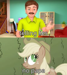 Size: 987x1110 | Tagged: safe, edit, edited screencap, screencap, applejack, earth pony, pony, the return of harmony, all new, dank memes, hub logo, image macro, johnny johnny yes papa, liar face, liarjack, meme, scrunchy face, text, wat