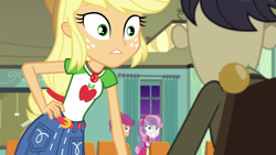 Size: 1280x720 | Tagged: safe, screencap, applejack, cranky doodle donkey, scootaloo, sweetie belle, better together, equestria girls, happily ever after party, happily ever after party: applejack, geode of super strength