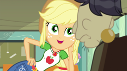 Size: 1280x720 | Tagged: safe, screencap, applejack, cranky doodle donkey, better together, equestria girls, happily ever after party, happily ever after party: applejack, female, geode of super strength, male, seductive pose