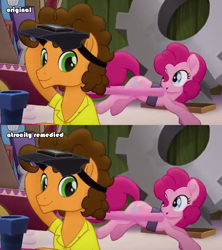 Size: 1186x1336 | Tagged: safe, edit, edited screencap, screencap, cheese sandwich, pinkie pie, pony, my little pony: the movie, dimples, gear, welding mask