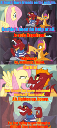 Size: 640x1429 | Tagged: safe, edit, edited screencap, screencap, fluttershy, garble, smolder, dragon, pegasus, pony, sweet and smoky, beatnik, beret, bongos, cartoonito logo, comic, dragoness, female, french, futurama, hat, insane in the mainframe, italian, loonex, male, mare, screencap comic, striped shirt, text