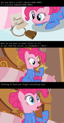 Size: 1000x1907 | Tagged: safe, edit, edited screencap, screencap, pinkie pie, earth pony, pony, rock solid friendship, bed, bell, caption, clothes, cowbell, female, footed sleeper, footie pajamas, image macro, implied maud pie, letter, mare, meme, nethack, note, pajamas, pinkie's bedroom, scroll of amnesia, solo, text, video game reference