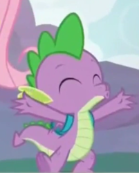 Size: 365x455 | Tagged: safe, screencap, fluttershy, spike, dragon, pegasus, pony, sweet and smoky, claws, cropped, eyes closed, male, offscreen character, solo focus, tail, winged spike