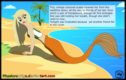 Size: 3317x2113 | Tagged: safe, artist:physicrodrigo, edit, editor:rmzero, part of a series, part of a set, applejack, mermaid, series:equestria mermaids, equestria girls, beach, belly button, bikini, bikini top, clothes, coast, curse, cursed, dialogue, mermaidized, midriff, ocean, palm tree, sand, species swap, surprised, swimsuit, text, transformation, tree, watermark, wet