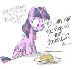 Size: 1734x1620 | Tagged: safe, artist:flutterthrash, twilight sparkle, twilight sparkle (alicorn), alicorn, pony, atg 2017, dialogue, english, facing your fears, food, grammar error, inner thoughts, newbie artist training grounds, offscreen character, quesadilla, simple background, sitting, solo focus, stare, sweat, they're just so cheesy, thinking, white background