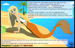 Size: 3317x2113 | Tagged: safe, artist:physicrodrigo, edit, editor:rmzero, part of a series, part of a set, applejack, mermaid, series:equestria mermaids, equestria girls, beach, belly button, bikini, bikini top, clothes, coast, curse, cursed, dialogue, mermaidized, midriff, ocean, palm tree, sand, species swap, surprised, swimsuit, text, transformation, tree, watermark, wet