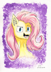 Size: 1024x1456 | Tagged: safe, artist:reptilianbirds, fluttershy, bat pony, pony, abstract background, bat ponified, bust, female, flutterbat, lidded eyes, looking at you, mare, open mouth, race swap, solo, traditional art