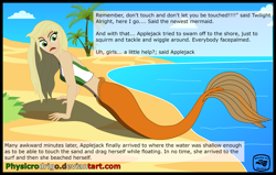 Size: 3317x2113 | Tagged: safe, artist:physicrodrigo, edit, editor:rmzero, part of a series, part of a set, applejack, mermaid, series:equestria mermaids, equestria girls, beach, belly button, bikini, bikini top, clothes, coast, curse, cursed, dialogue, mermaidized, midriff, ocean, palm tree, sand, species swap, surprised, swimsuit, text, transformation, tree, watermark, wet